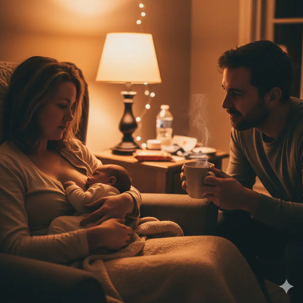 “Father handing coffee to tired mother during nighttime feeding.”