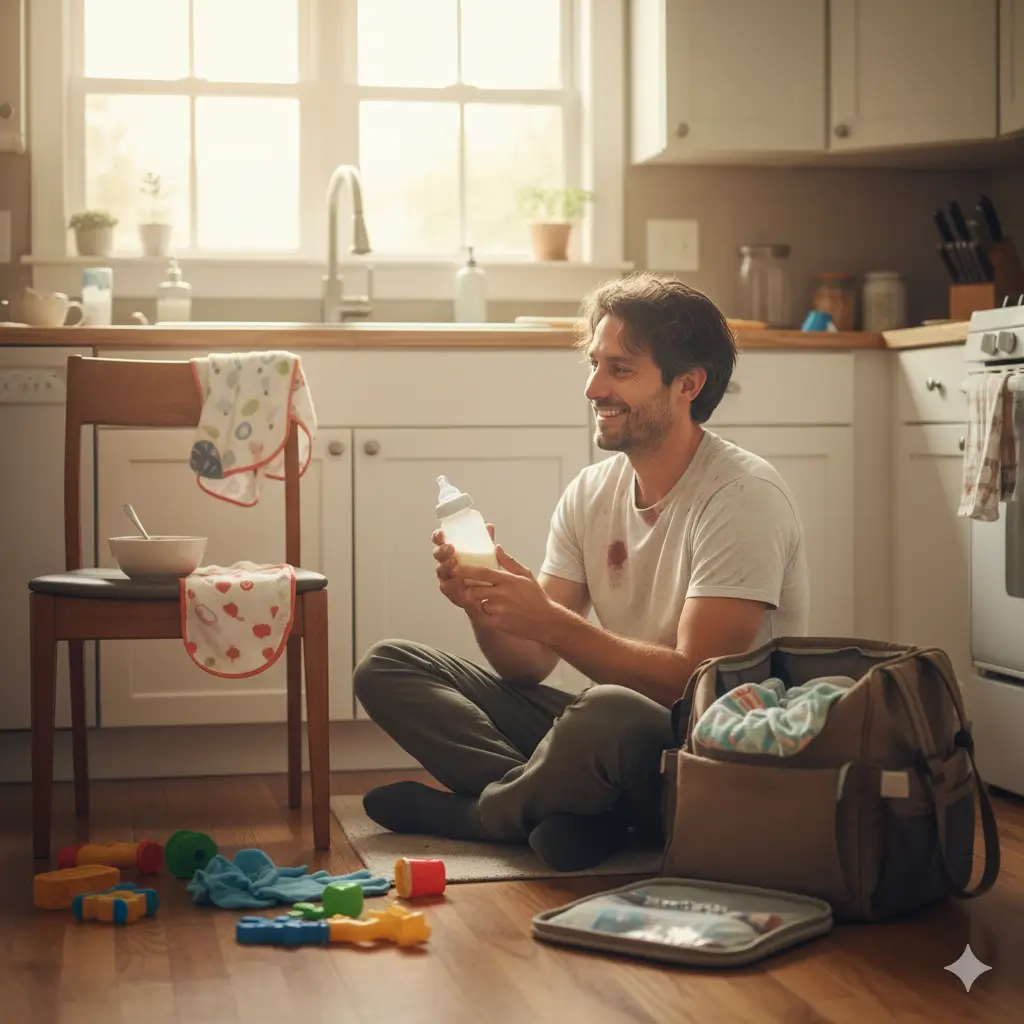 “New father smiling at his partner while caring for baby in a cluttered home.”
