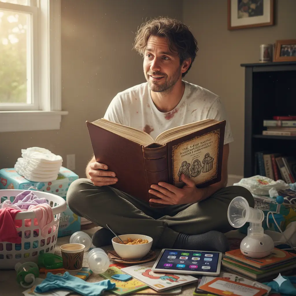 “First-time dad reading an outdated parenting guide surrounded by modern baby chaos.”