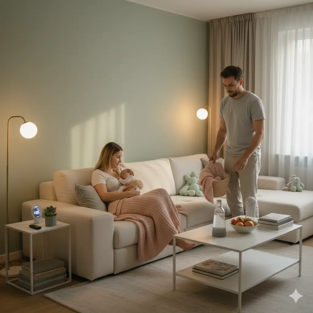 “Father creating a peaceful recovery space at home while mother rests with baby.”